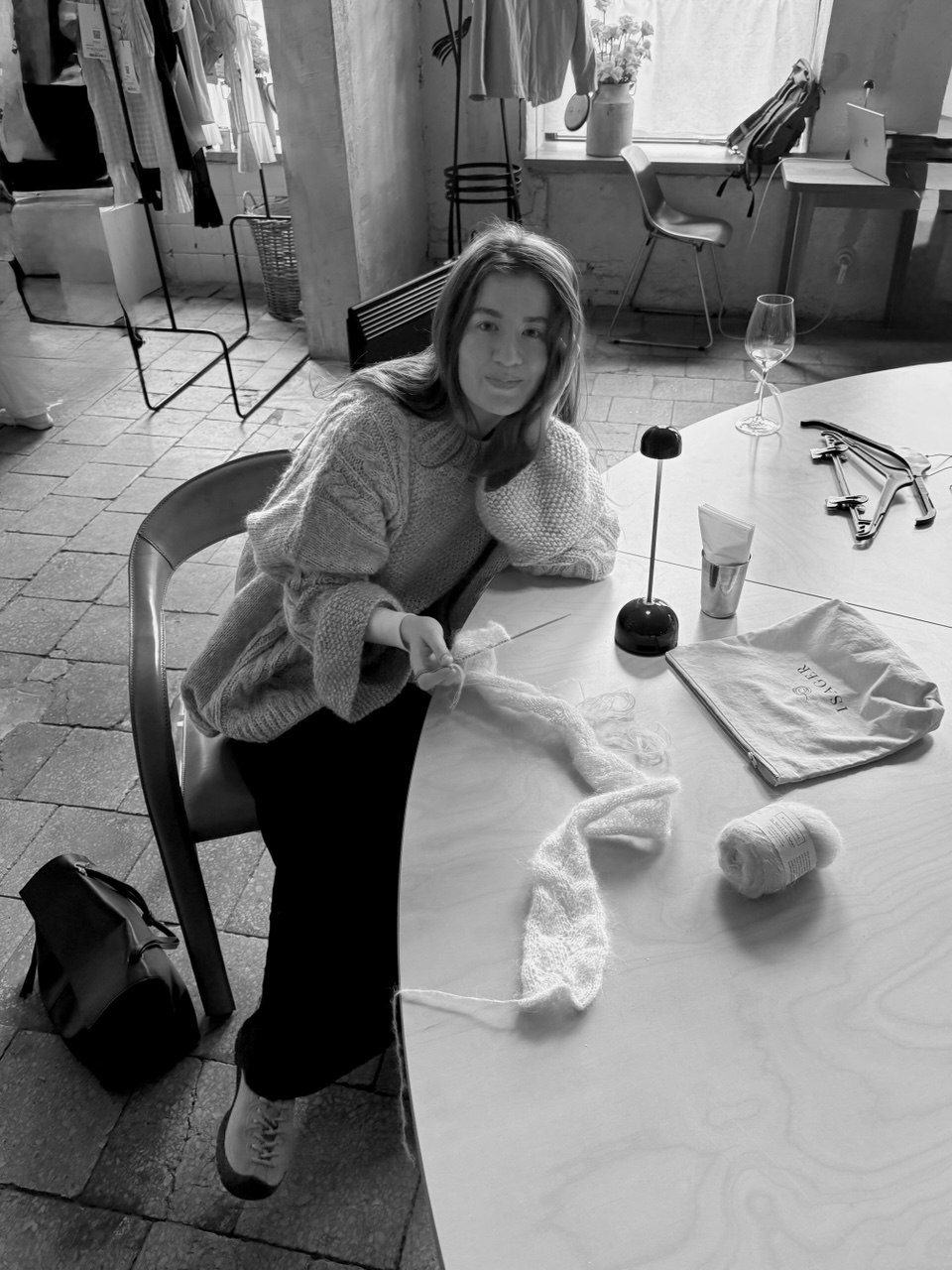Diane working with yarn